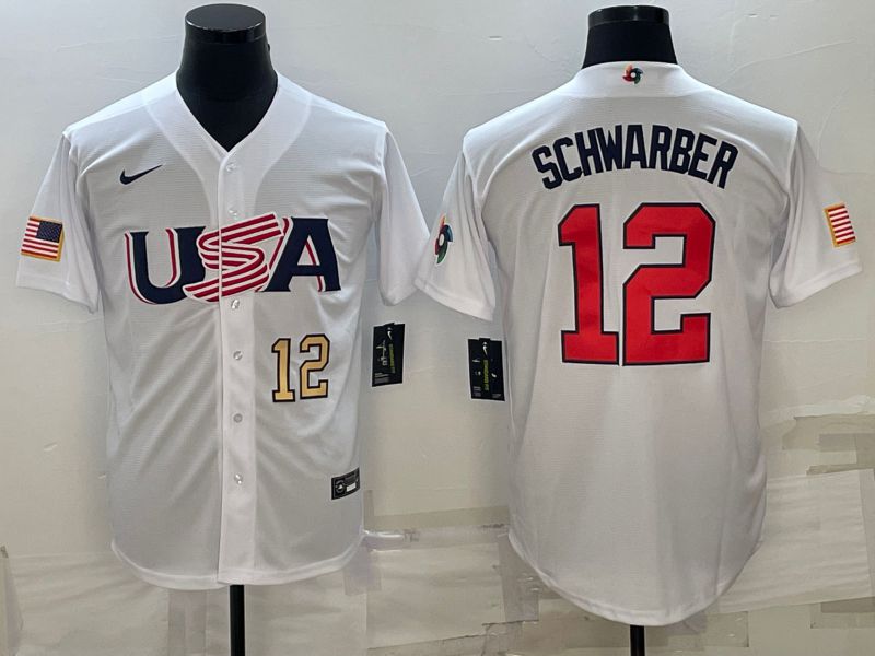 Men 2023 World Cub USA 12 Schwarber White Nike MLB Jersey3